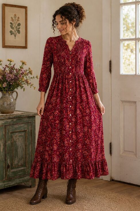 April Cornell Dresses & Skirts - April Cornell Burgundy Floral Prairie Maxi Dress Pintuck Boho Cottagecore Size S